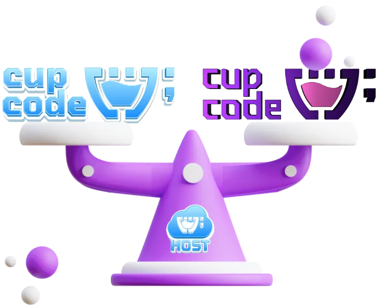 Uma balança segurando de um lado a logo da cupcode host e do outro a logo da cupcode