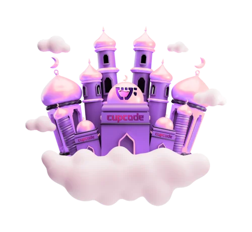 Castelo roxo nas nuvens com várias torres com telhados redondos e o logotipo da Cupcode na torre principal do meio em 3D, com um escudo redondo em torno do castelo e nuvens, representando a blindagem contra ataques.