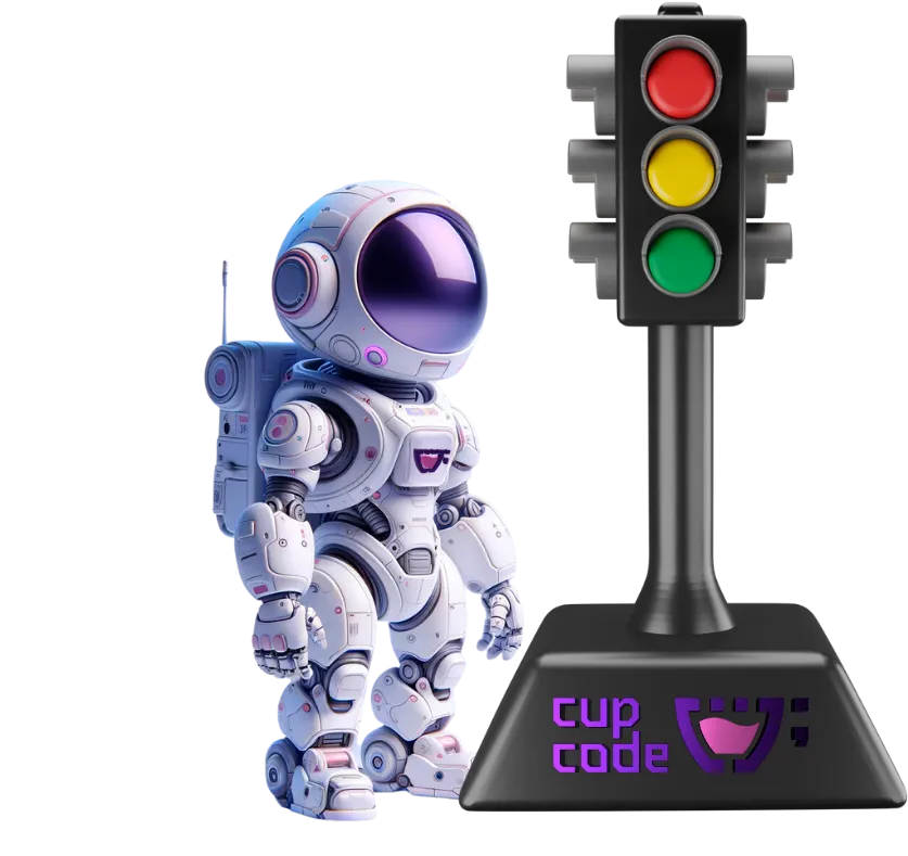 um astronauta esperando em um cinaleiro com a logo da cupcode em baixo