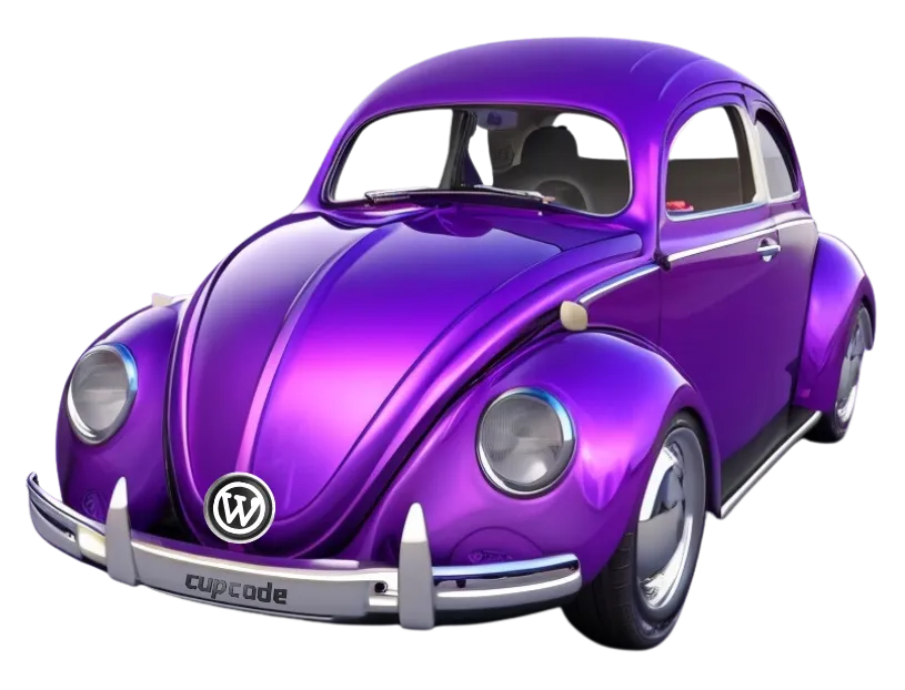 Um carro no estilo Fusca, todo metálico roxo, com faróis que acendem em uma animação. No capô frontal, há o logo da Cupcode.