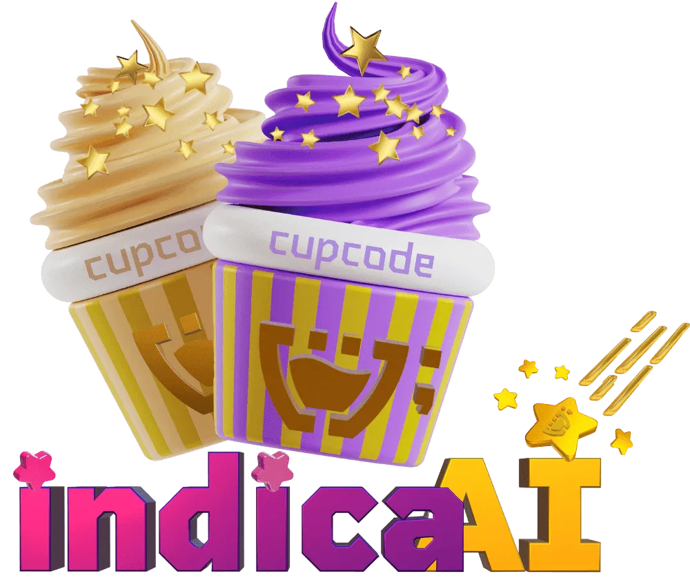 Logotipo do IndicaAí, Programa de Afiliados da Cupcode. Dois Cupcakes um com glacê amarelo e um com glacê roxo, estrelas douradas de confeito e Cupzinho da Cupcode dourado na forminha do cupcake, que possuí listras roxas e amarelas. Em baixo se lê: indicaAí, onde os pingos nos 