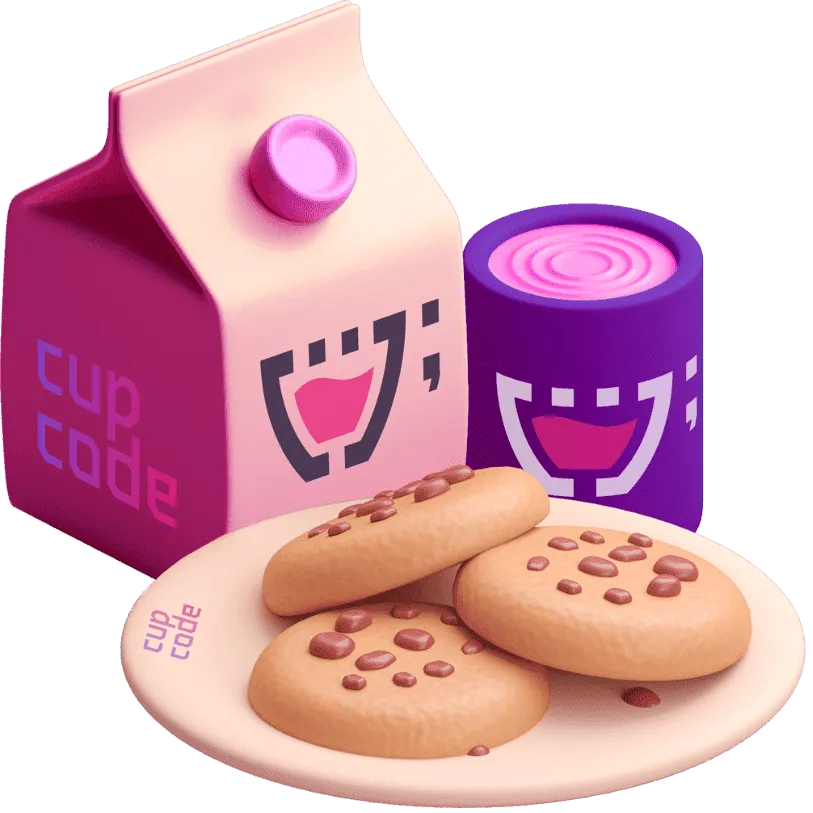 Animação 3D de uma caixa de leite, uma xícara roxa com uma bebida rosa e um prato de cookies com gotas de chocolate. No prato, xícara e caixa de leite, você vê o logo da Cupcode.