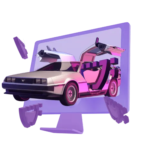 um computador com um carro delorean saindo dele junto a logo da cupcode