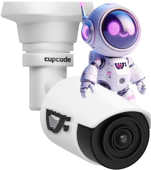 Representação criativa de um astronauta robótico da Cupcode montado em uma câmera de vigilância CCTV, simbolizando segurança proativa e monitoramento 24/7 com backups regulares. O astronauta, adornado com o logotipo da Cupcode, transmite uma abordagem futurista e confiável à segurança digital e à manutenção de dados.