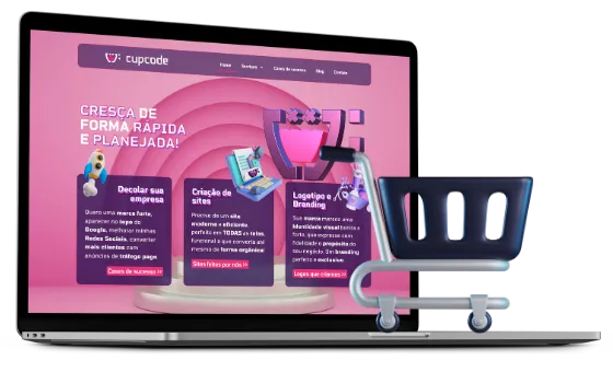 Macbook com uma tela de uma Landing page rosa da Cupcode com um carrinho roxo e branco na frente