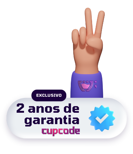 um selo com um ícone de verificado azul, com os dizeres: Exclusivo: Dois anos de garantia - Cupcode, em cima do selo uma mão fazendo sinal de Paz e Amor, na manga da blusa roxa, tem um logotipo da Cupcode.