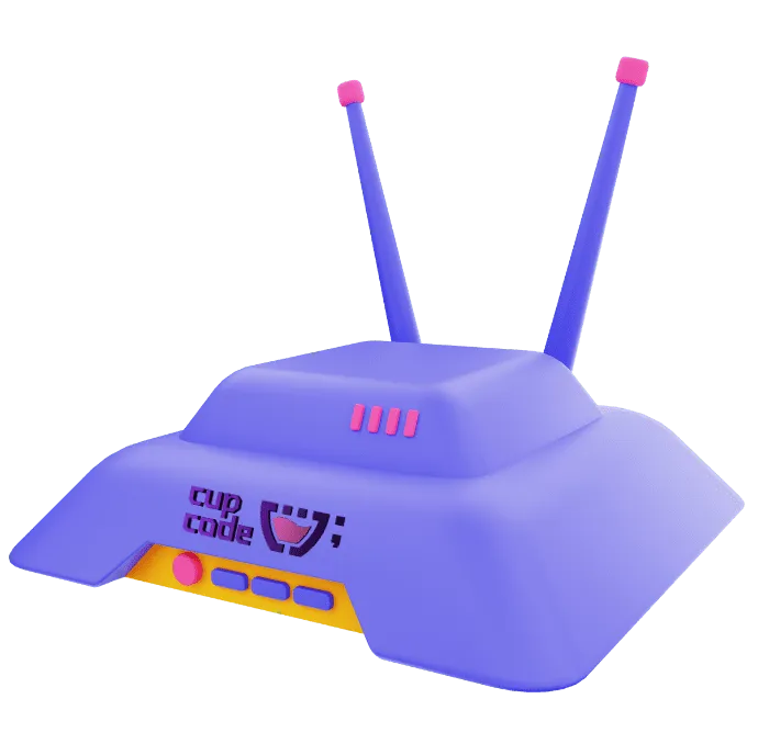 Um modem roxo com a logo da cupcode