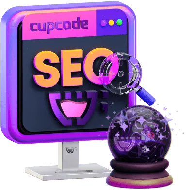 Logotipo do serviço de Melhorias de SEO da Cupcode, com um monitor de computador com a escrita: 