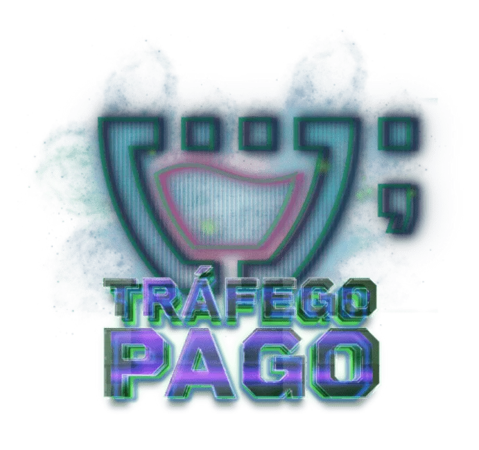 Logotipo da Gestão de Tráfego Pago da Cupcode, o logotipo e os dizeres: Tráfego Pago, são mostrados com efeito de holografia e em camadas, verde, roxo e rosa.