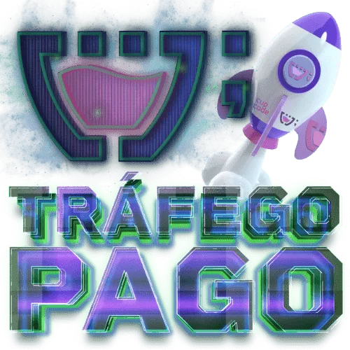 Logotipo da Gestão de Tráfego Pago da Cupcode, o logotipo e os dizeres: Tráfego Pago, são mostrados com efeito de holografia e em camadas, verde, roxo e rosa.